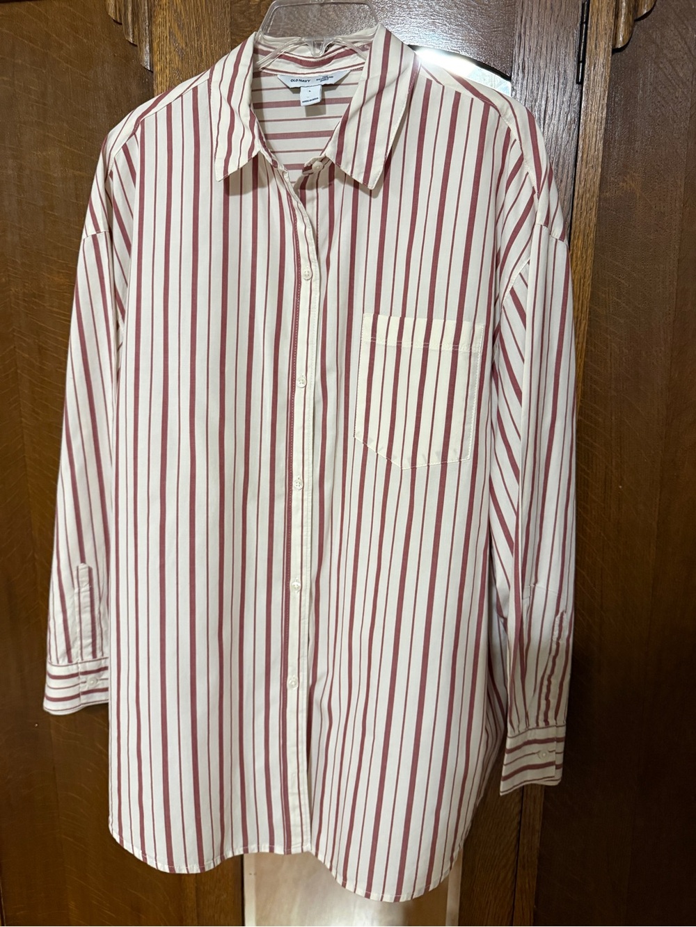 Old Navy White Button-Down Shirt with Burgundy Stripes, L